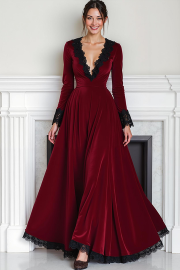 Cabernet Velvet Deep V-Neck Long Sleeve Evening Dress